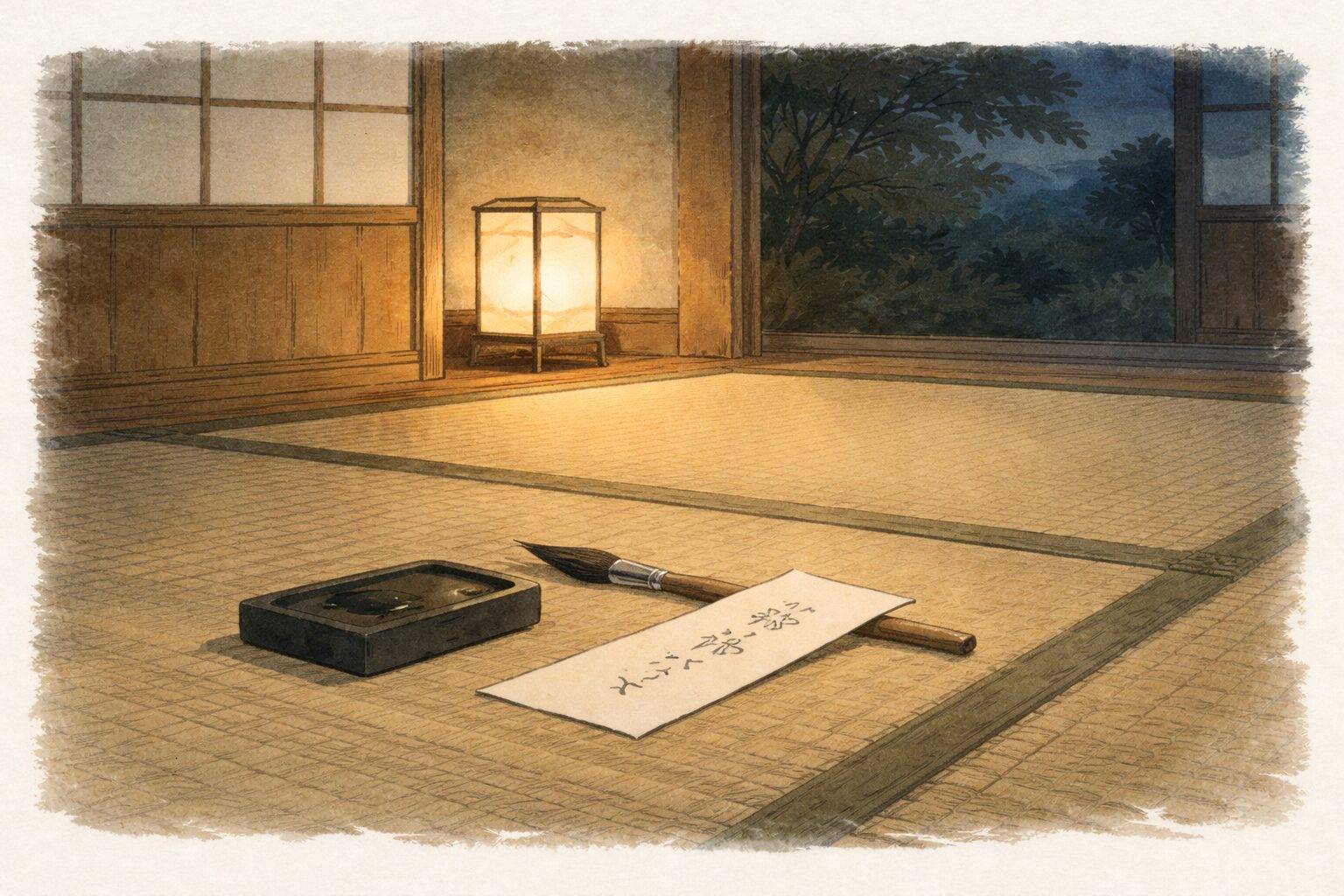夜の座敷の隅に筆と短冊だけが残り言葉遊びの余韻が静かに漂う一場面