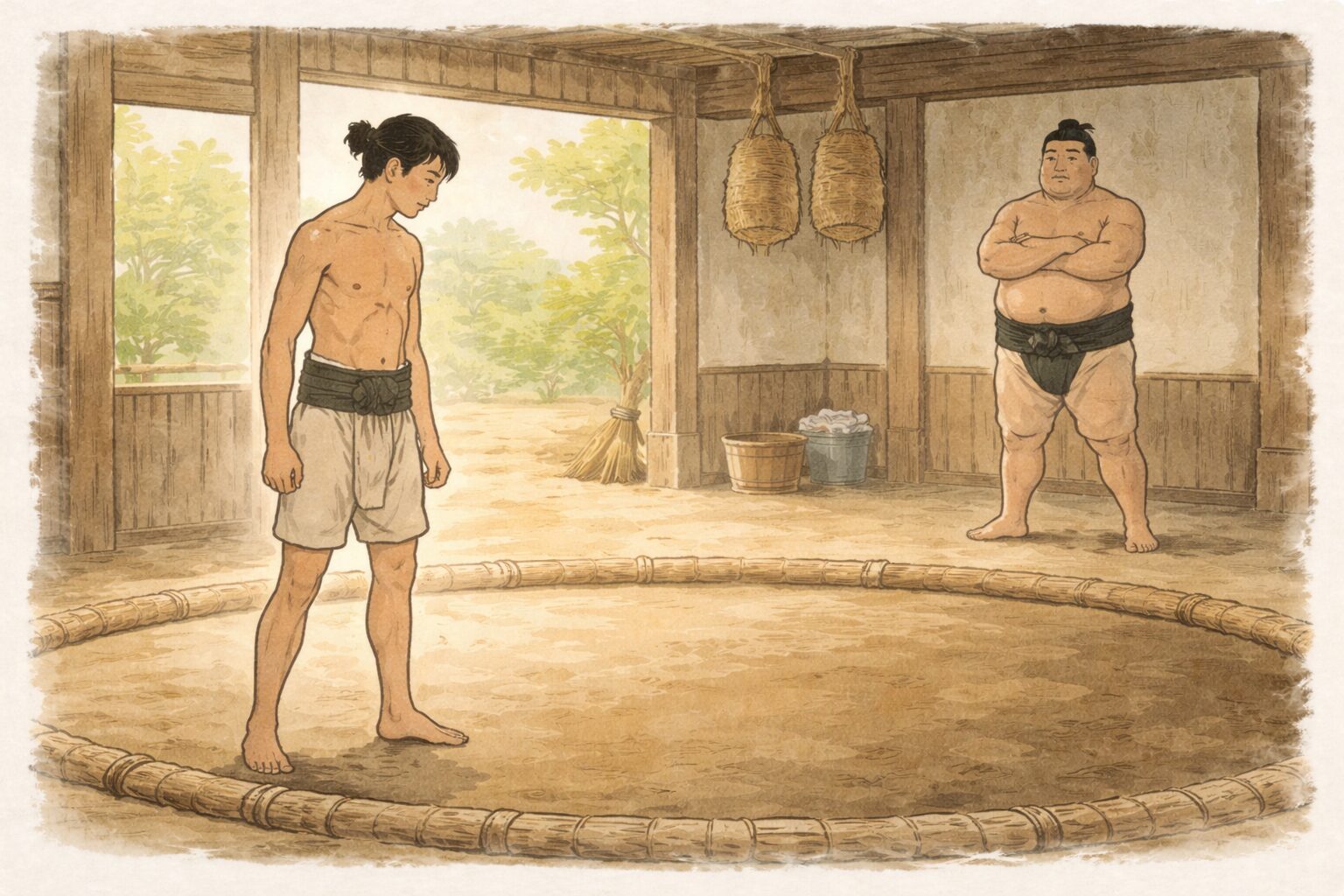 昼の稽古場でやせた佐野山が土俵際に立ち谷風が遠くから様子を見ている一場面