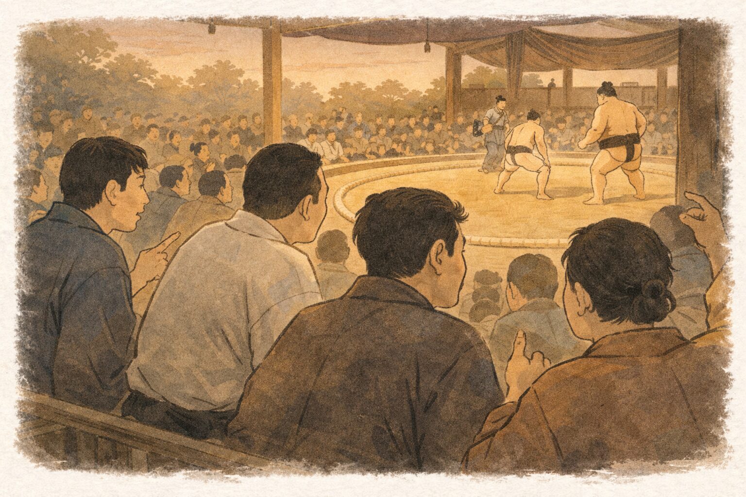 夕方の桟敷で見物人たちが身を乗り出し佐野山と谷風の一番の噂でざわつく一場面