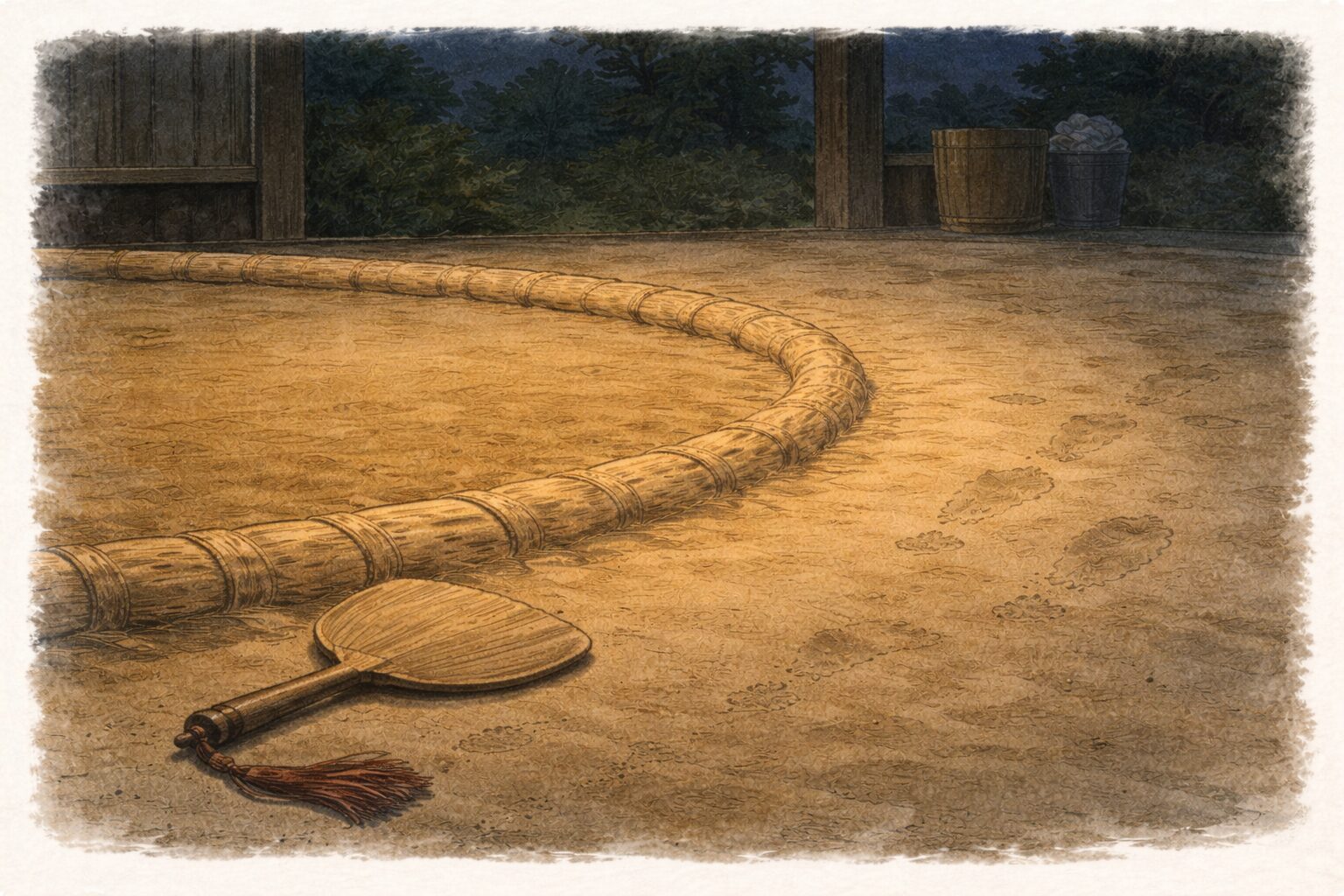 夜の土俵脇に軍配とうっすら残る足跡だけがあり情け相撲の余韻が漂う一場面