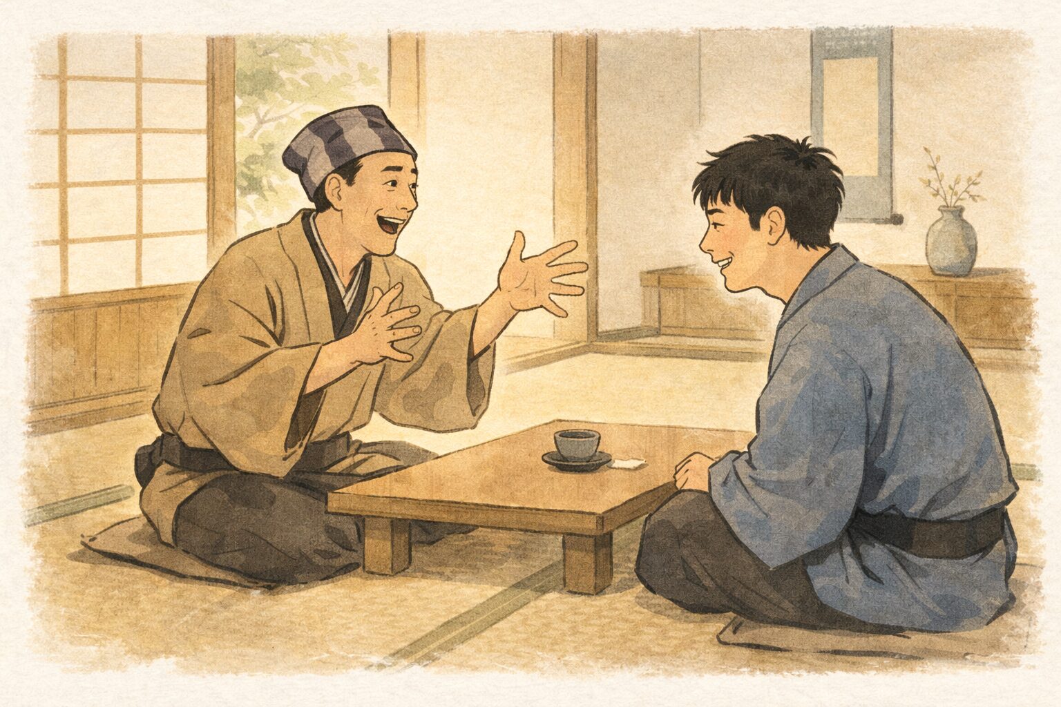 昼の座敷で幇間が身振りを交えながら若旦那に語呂合わせを披露する一場面