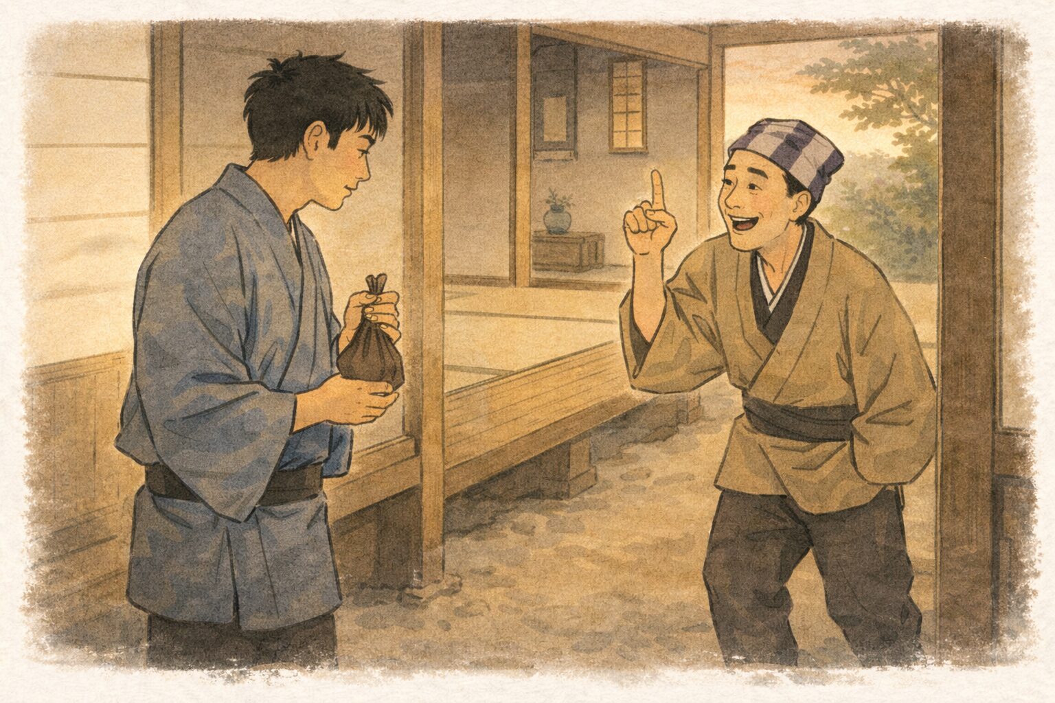 夕方の廊下口で若旦那が財布を気にしながら立ち止まり一八が調子よく指を立てる一場面