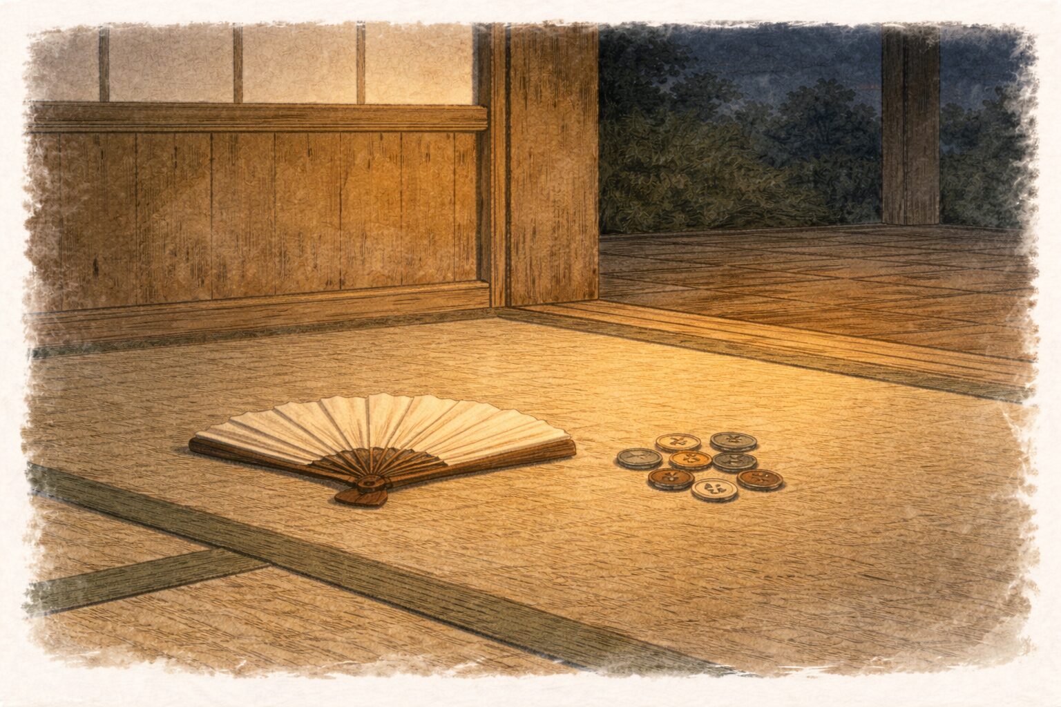 夜の座敷の隅に小銭と扇子だけが残り言葉遊びの余韻が漂う一場面