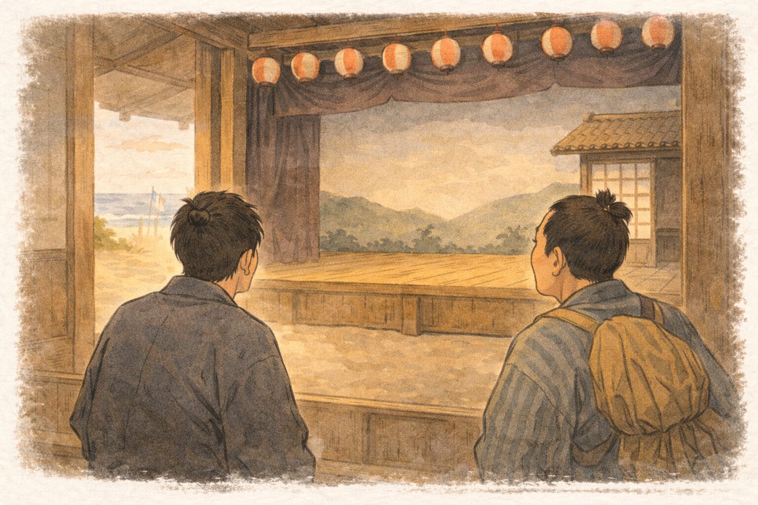 昼の浜近くの芝居小屋で旅の男たちが素朴な舞台を見上げる一場面