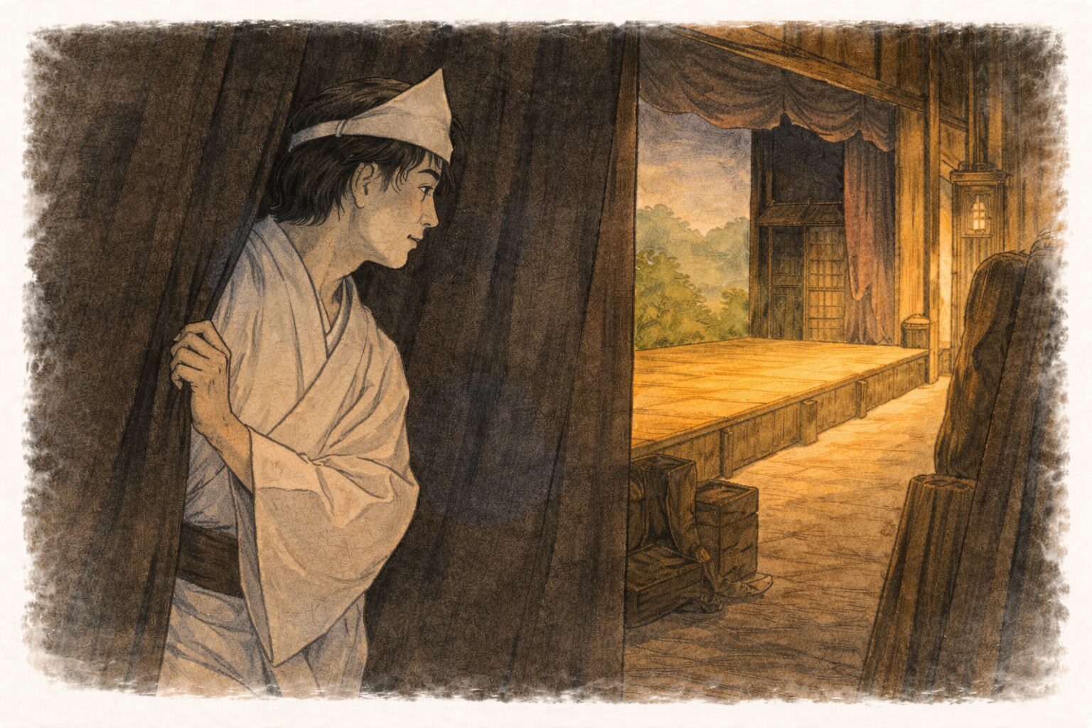 夕方の舞台袖で役者が奥を気にしながら幽霊の出の段取りを待つ一場面