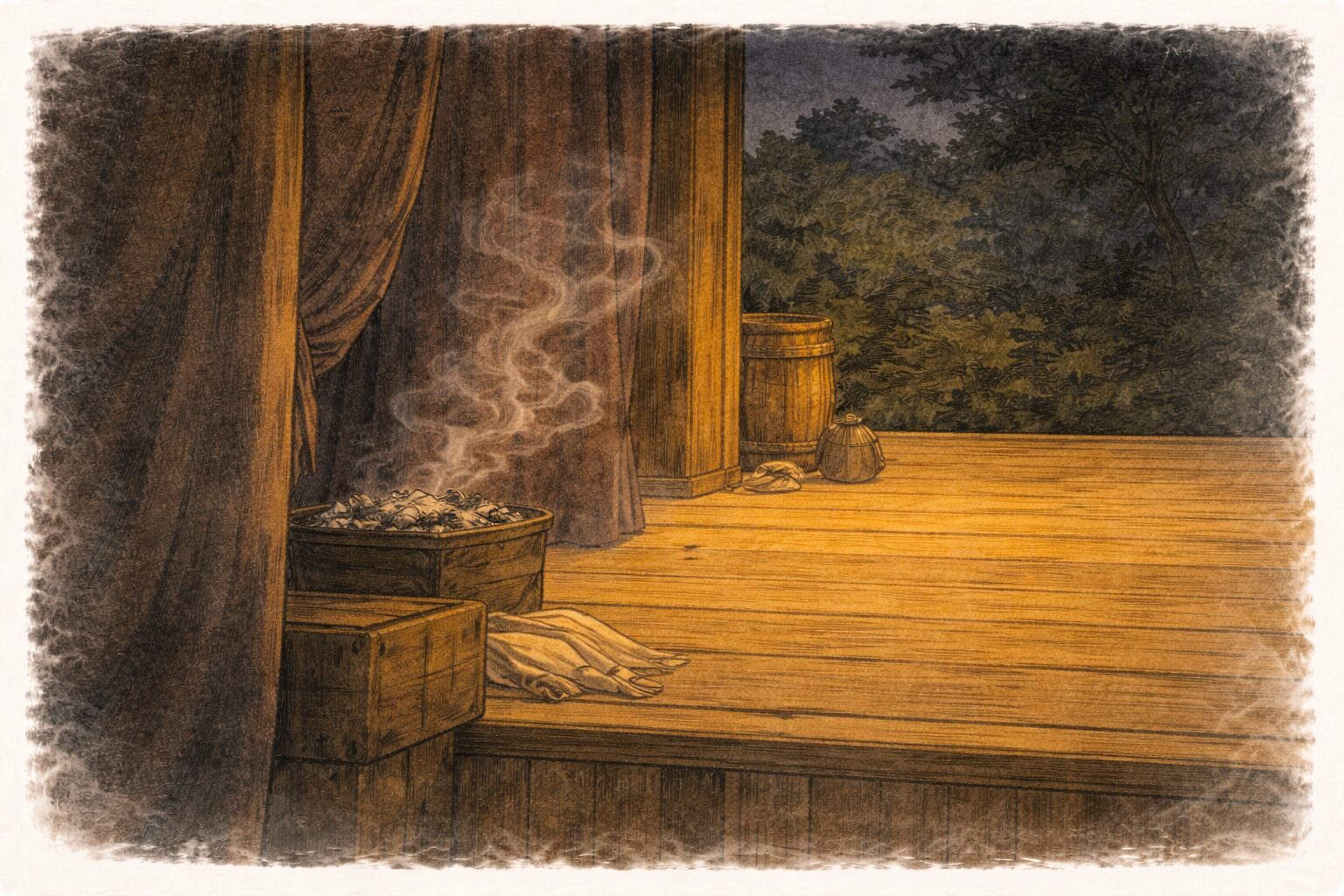 夜の舞台の隅に煙だけが薄く残り芝居小屋に秋刀魚の余韻が漂う一場面