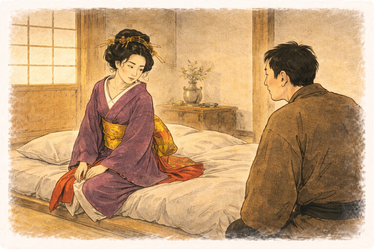 昼の座敷で女郎が布団の端に座り客が怪訝そうに様子をうかがう一場面