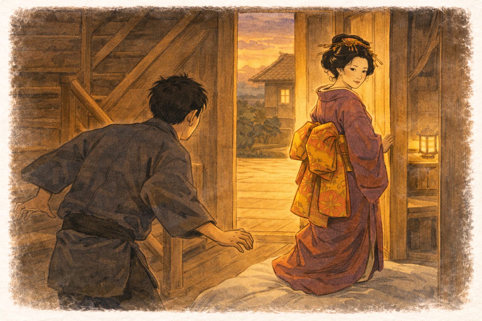 夕方の階段口で若い衆があわてて立ち働き花魁が取り繕うように振り向く一場面