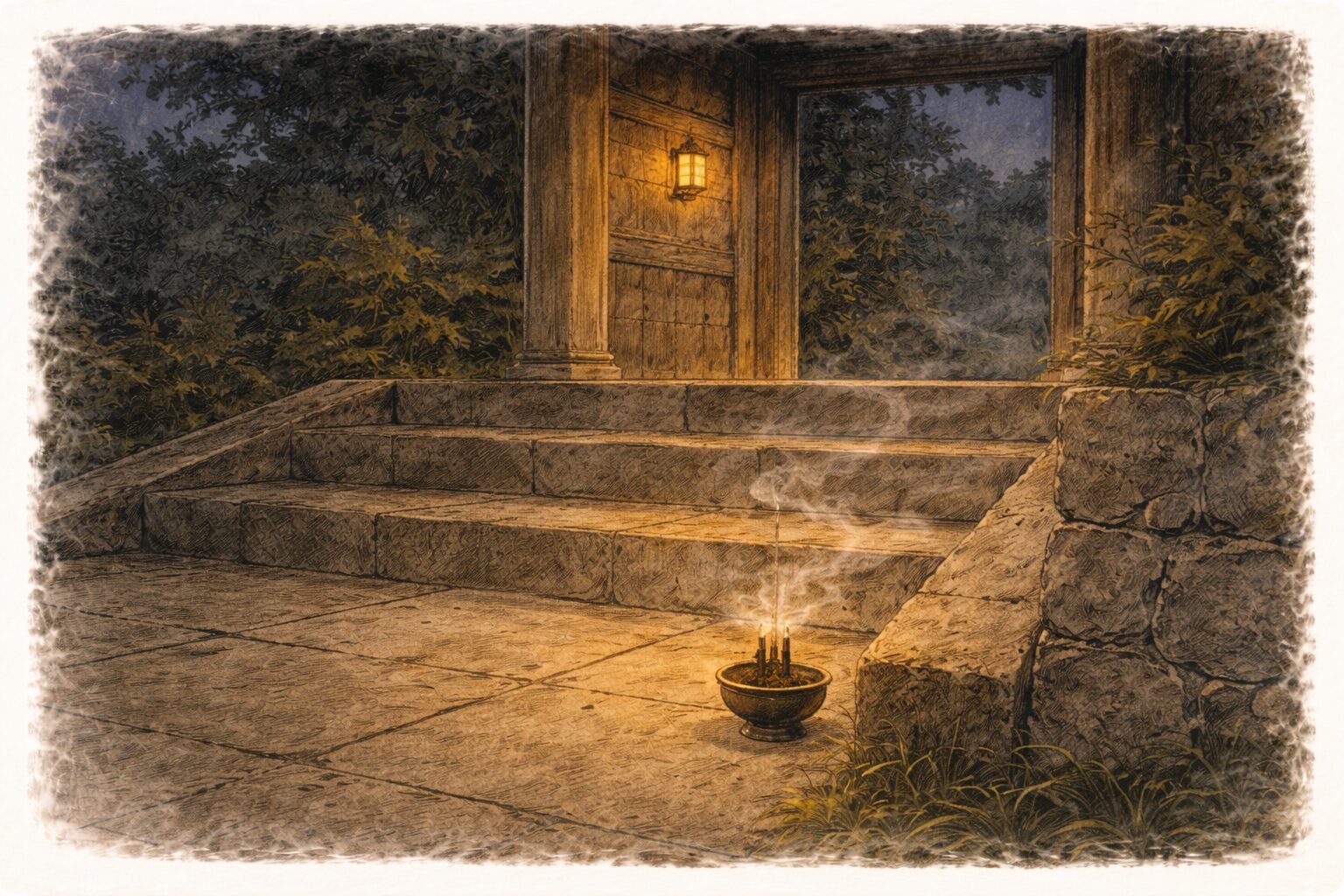 夜の門前に薄い香煙が漂い石段の脇に静けさだけが残る一場面