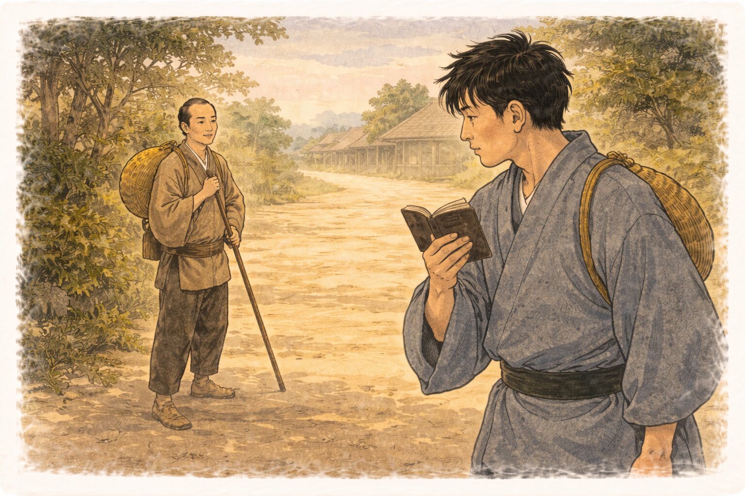 昼の街道で若旦那が懐から小さな本を取り出し道連れの男を見比べる一場面