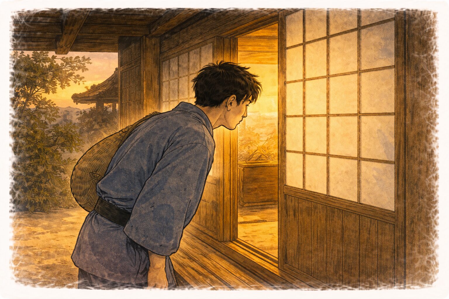 夕方の家の前で帰宅した若旦那が障子の内をうかがい立ち止まる一場面