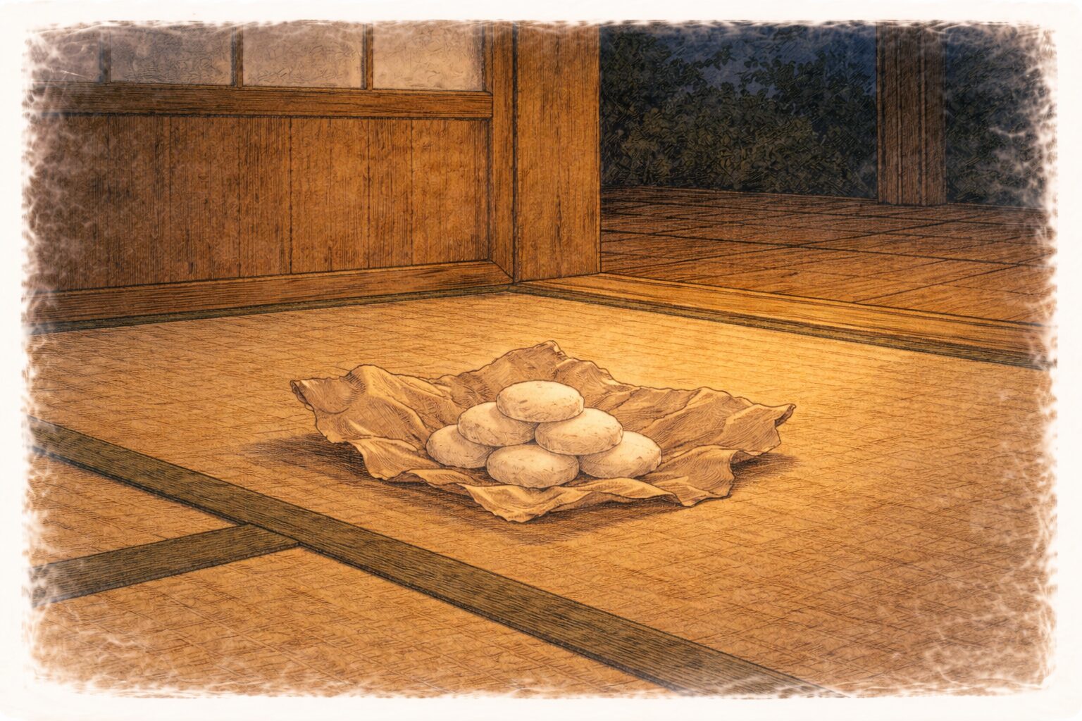 夜の座敷に包みを解いた餅だけが残り旅の余韻が静かに漂う一場面