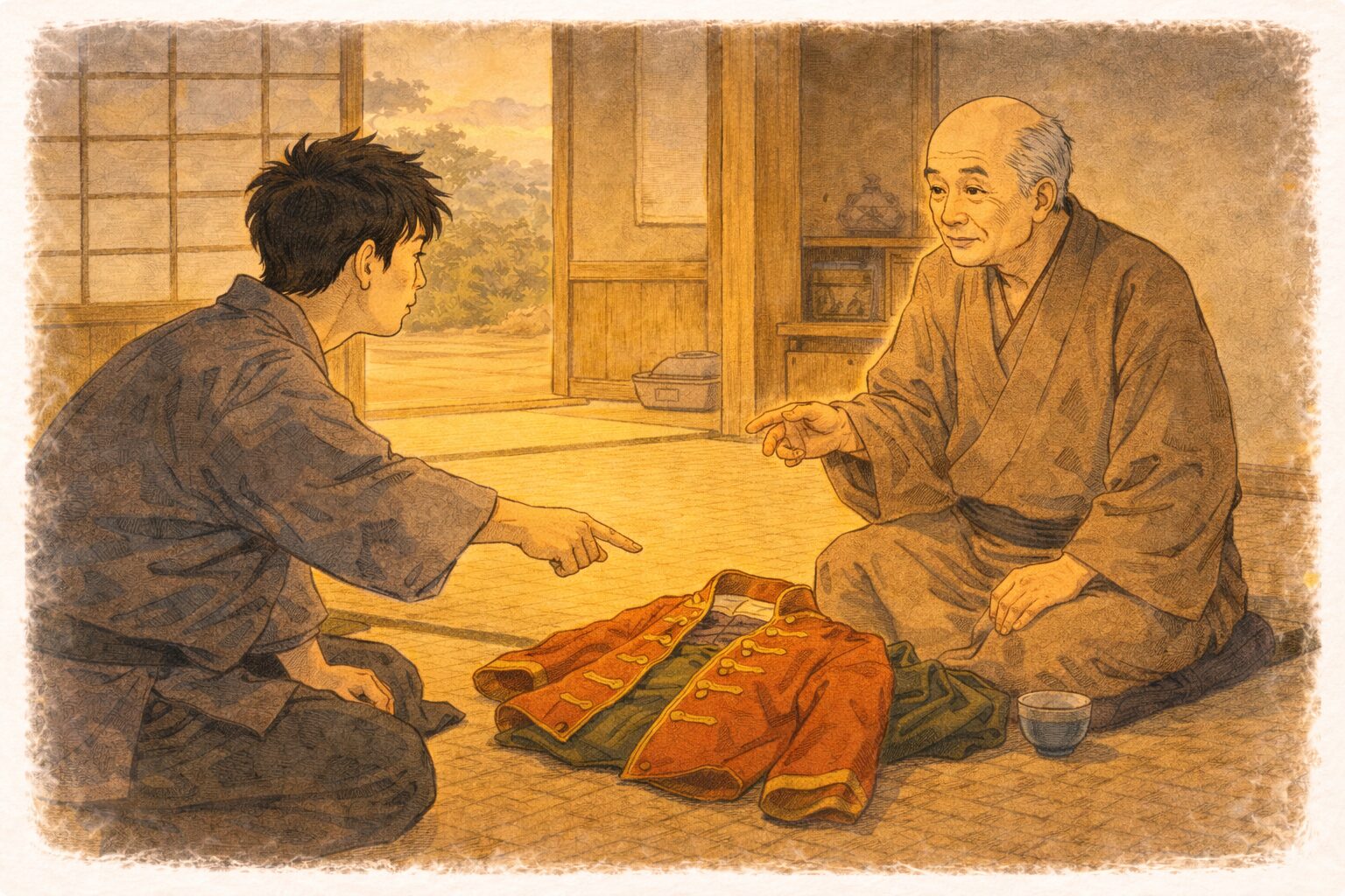 昼の隠居の座敷で八五郎が変わった衣服を指さし由来を聞いている一場面