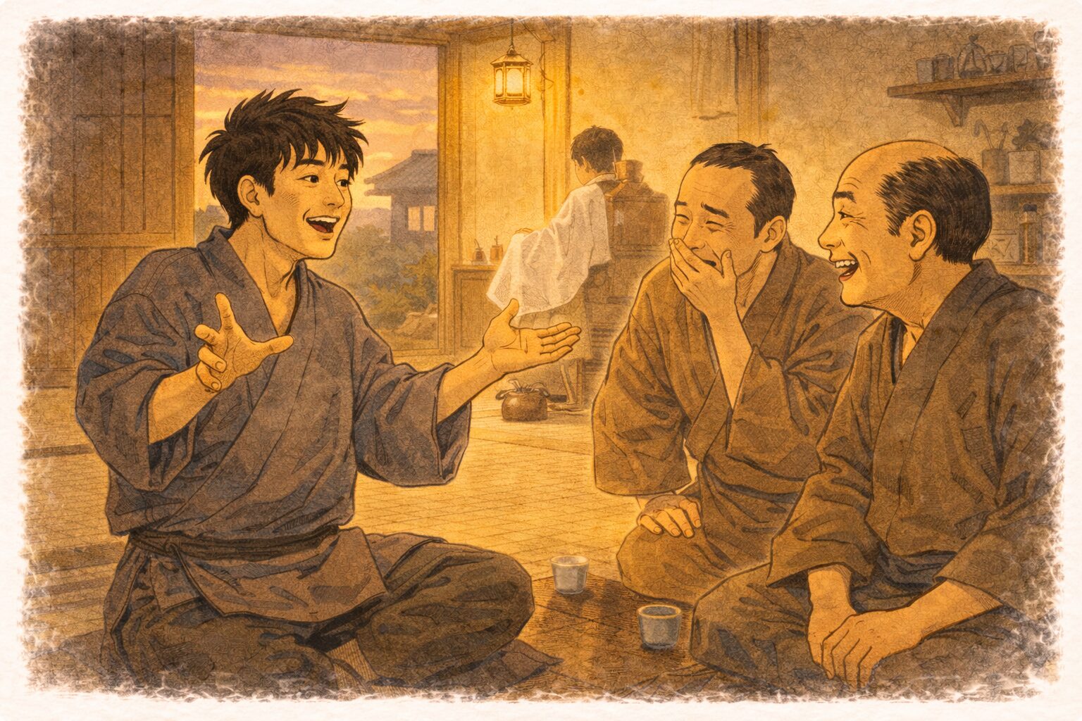 夕方の床屋で八五郎が得意げに語り仲間が笑いをこらえて聞いている一場面