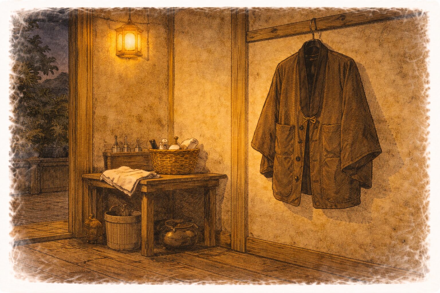 夜の床屋の隅に十徳らしい衣服だけが掛けられ言葉遊びの余韻が残る一場面