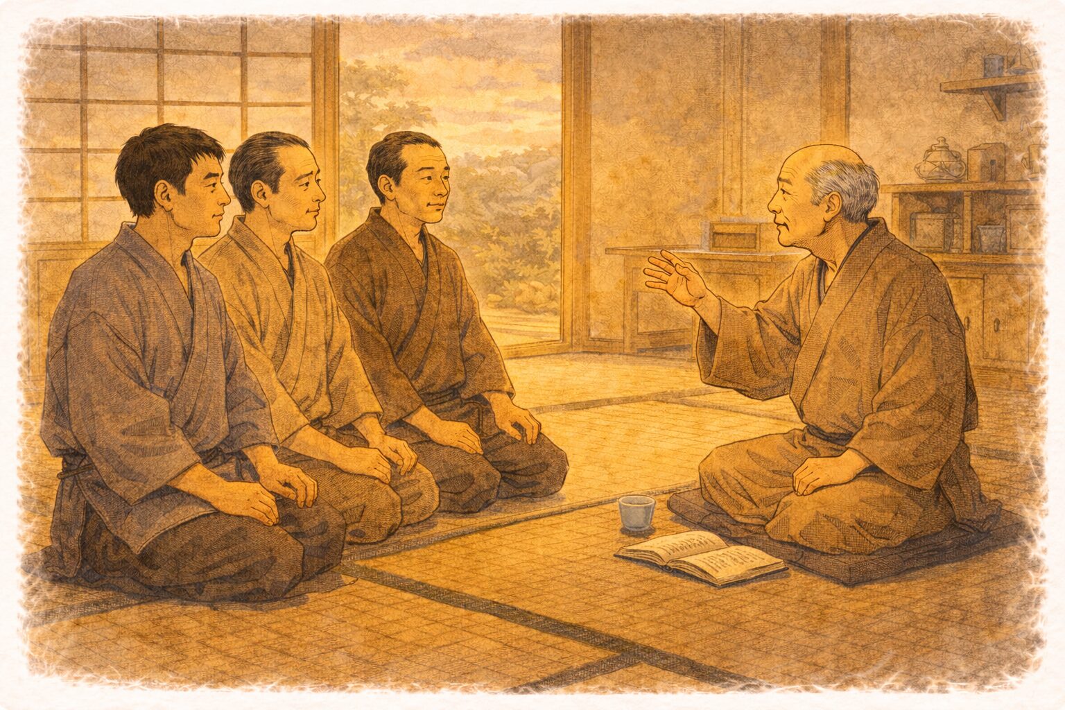 昼の隠居の座敷で松さん竹さん梅さんが祝いの口上を教わる一場面