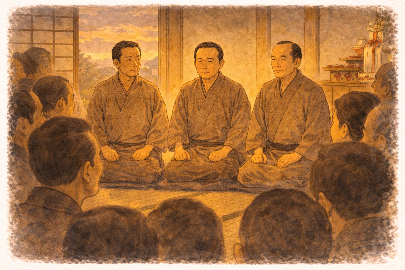 夕方の婚礼の座敷で三人が緊張した顔で並び客たちが見守る一場面