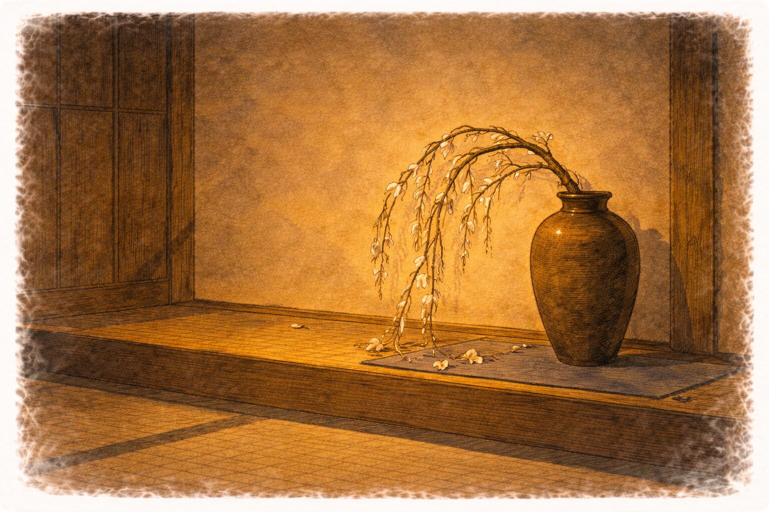 夜の床の間にしおれた梅の枝だけが残り婚礼騒ぎの余韻が漂う一場面