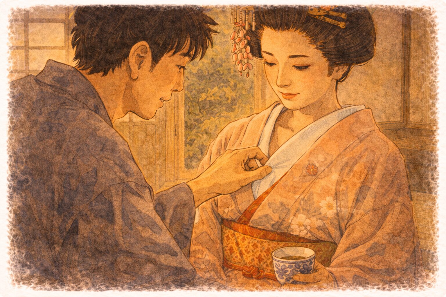 昼の茶屋の座敷で旦那が芸者の襟元へそっと手を伸ばし悪戯を仕掛ける一場面