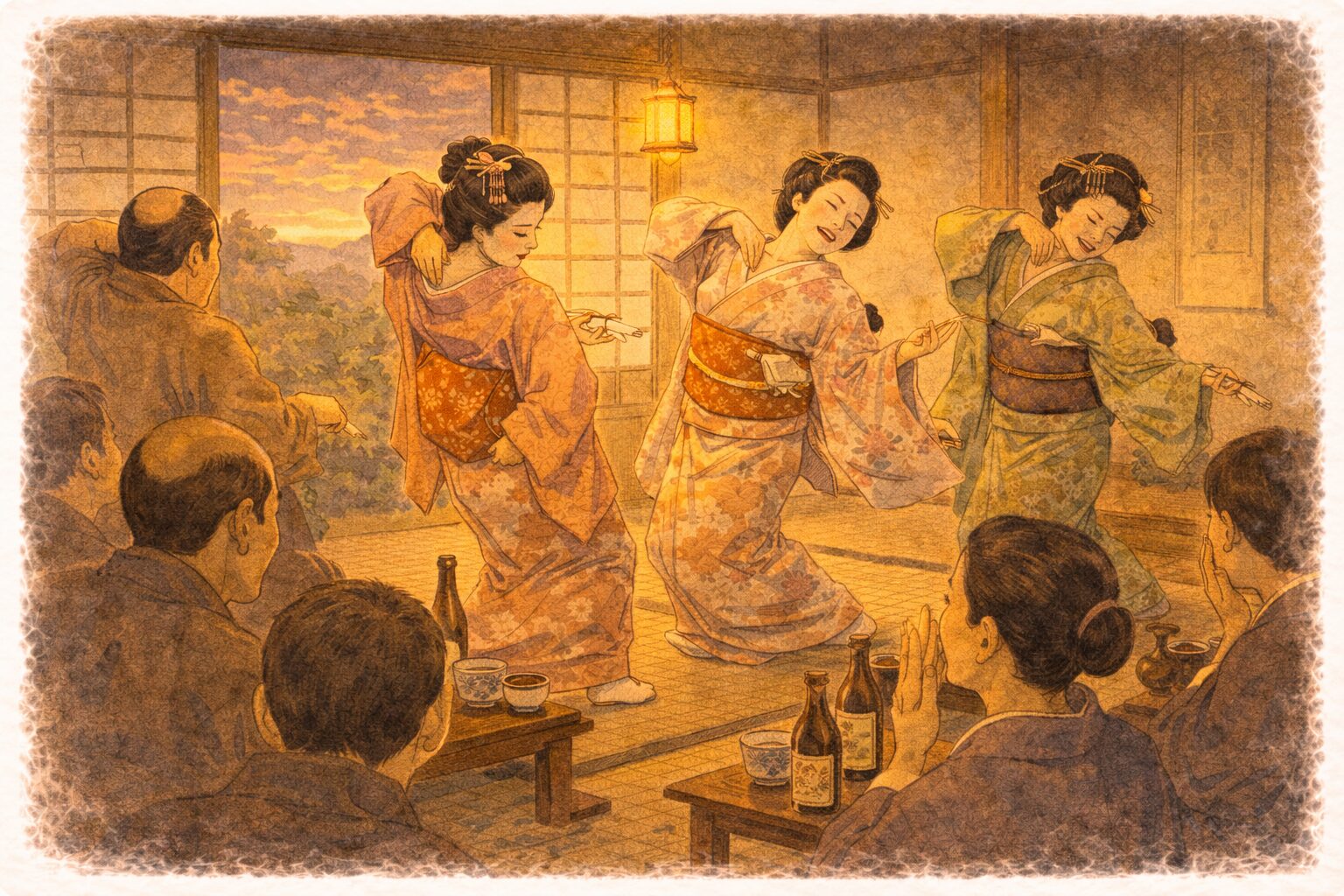 夕方の座敷で芸者衆が踊りながらも体をかゆそうにひねり座がざわつく一場面