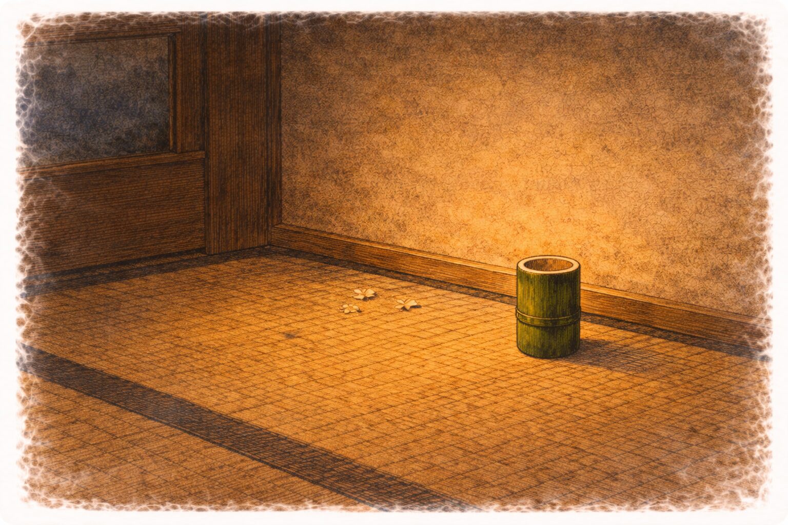 夜の座敷の隅に小さな竹筒だけが残り悪戯の余韻が静かに漂う一場面