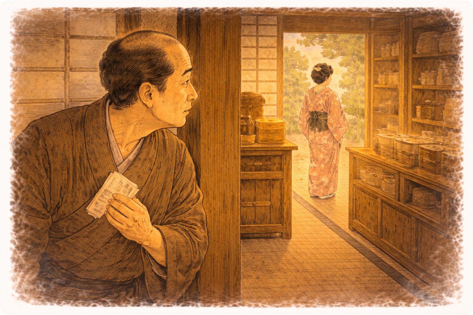 昼の大店の奥で番頭丈八が恋文を懐に隠し娘お駒のいる方をうかがう一場面