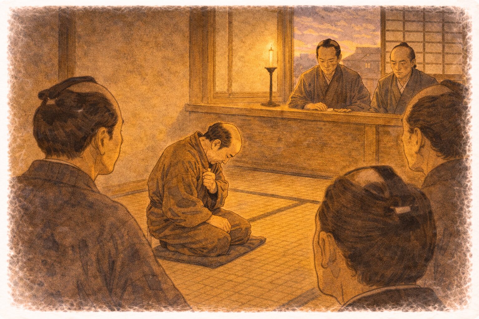 夕方の奉行所で丈八がうなだれたまま問いを受け周囲が静かに見守る一場面