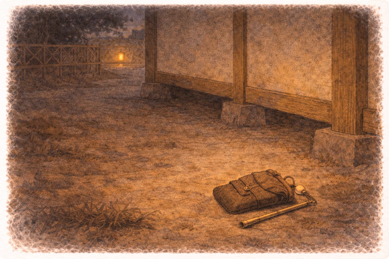 夜の奉行所の外れに煙草入れだけが残り執着の余韻が静かに漂う一場面