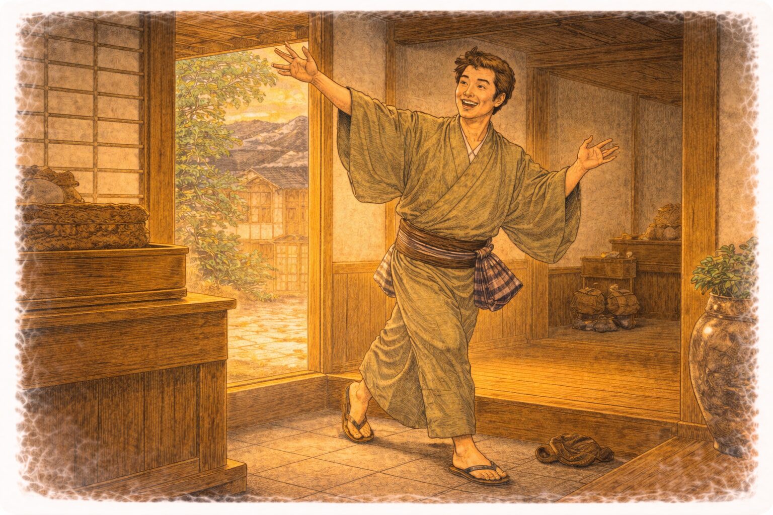 昼の商家の玄関で帰宅した若旦那が大げさな身ぶりで芝居の口上を始める一場面