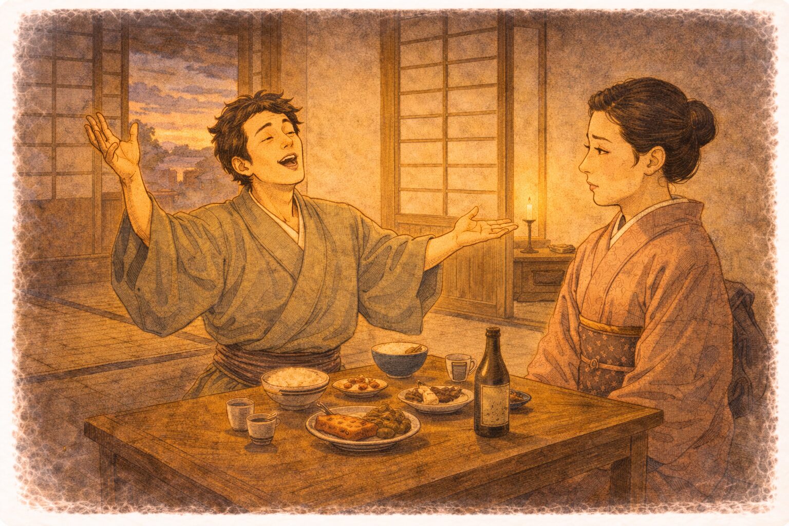 夕方の食卓で若旦那が料理を前に芝居がかった口調で語り女房があきれて見守る一場面