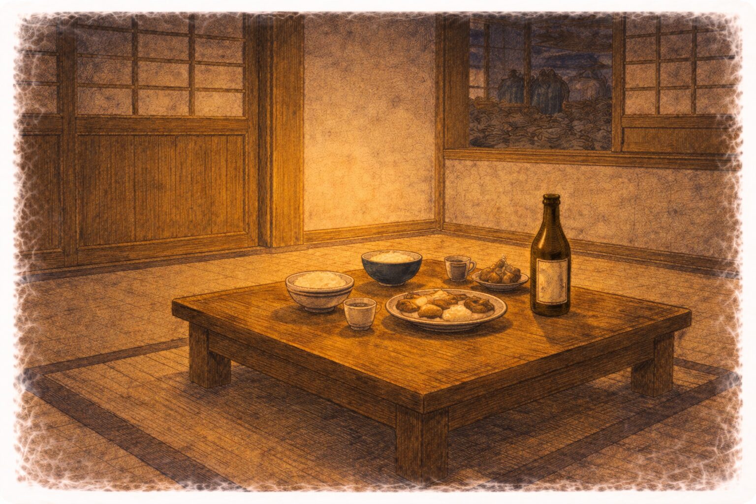 夜の座敷の隅に食膳だけが残り芝居気分の余韻が静かに漂う一場面