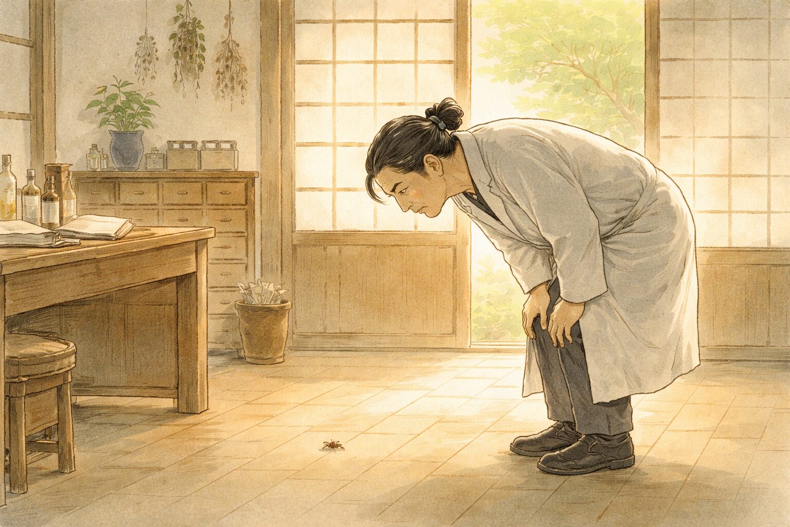 昼の診療部屋で医者が小さな虫を見つめ不思議そうに身をかがめる一場面