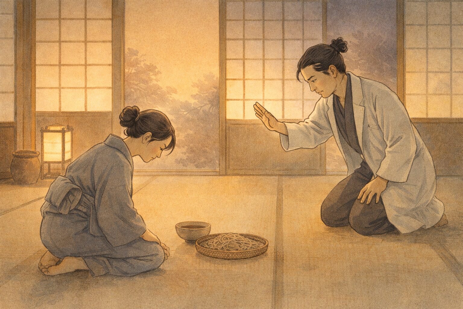 夕方の座敷で女房が蕎麦を前にしゃがみ込み医者が身振りで指図している一場面