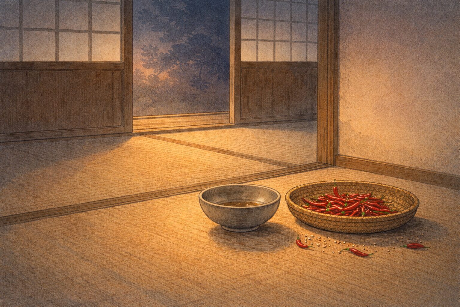 夜の座敷の隅に唐辛子と空のそば椀だけが残り騒ぎの余韻が漂う一場面