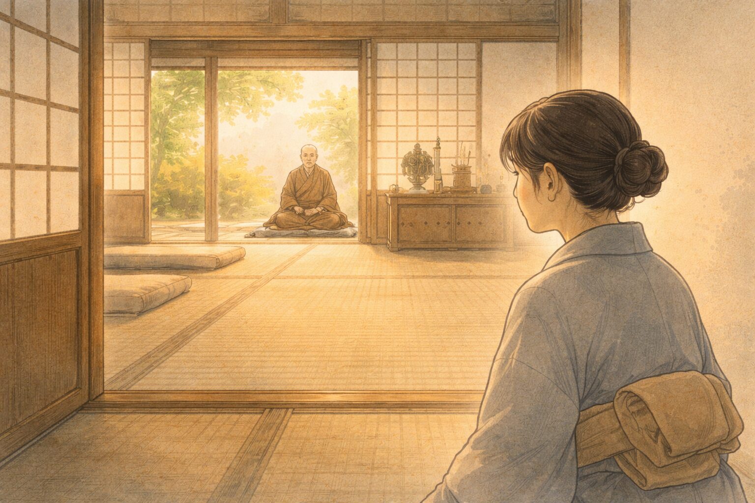 昼の名主の家の奥で娘が弘法大師のいる方を静かに見つめる一場面