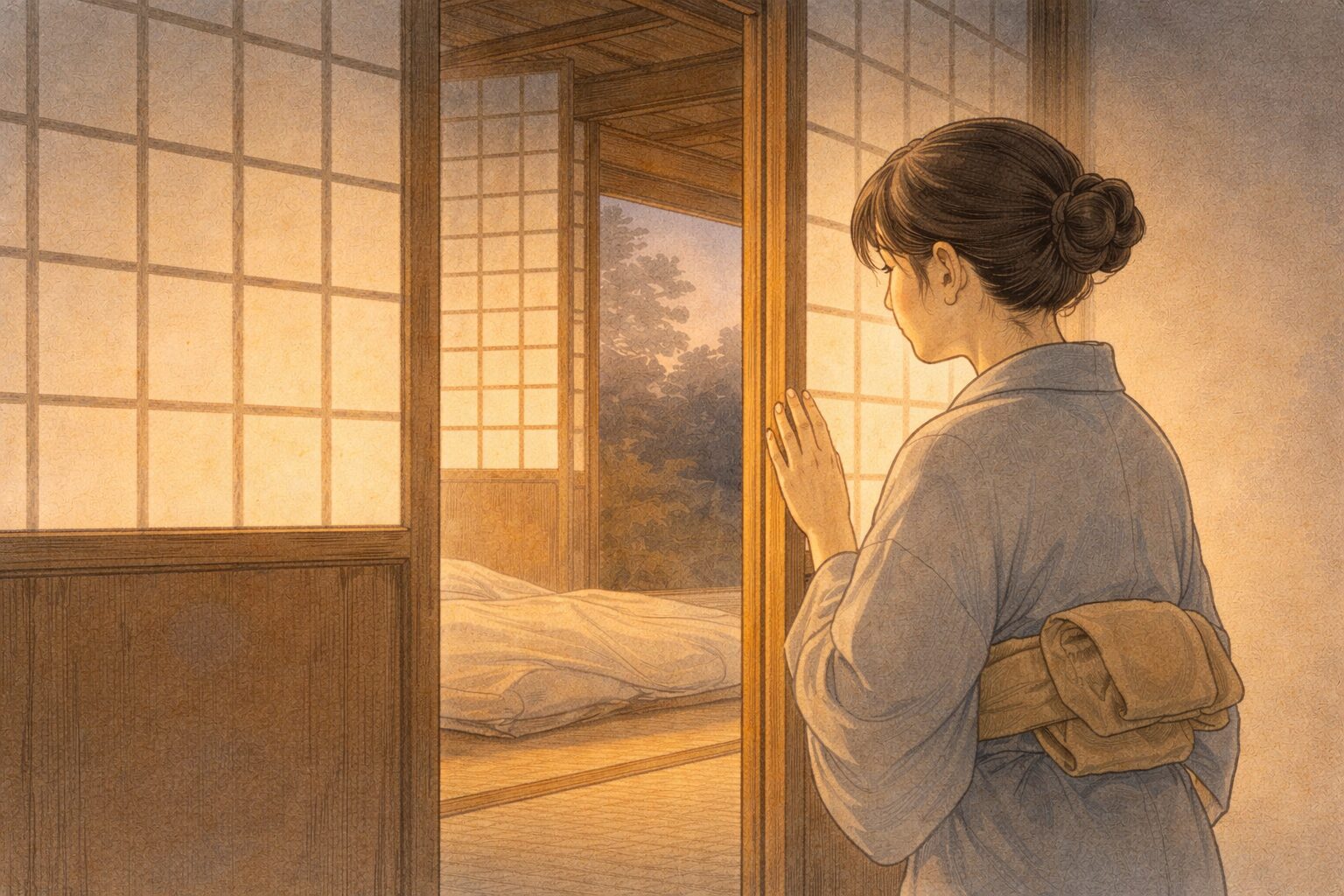 夕方の寝所の前で娘がためらいながら障子に手をかける一場面