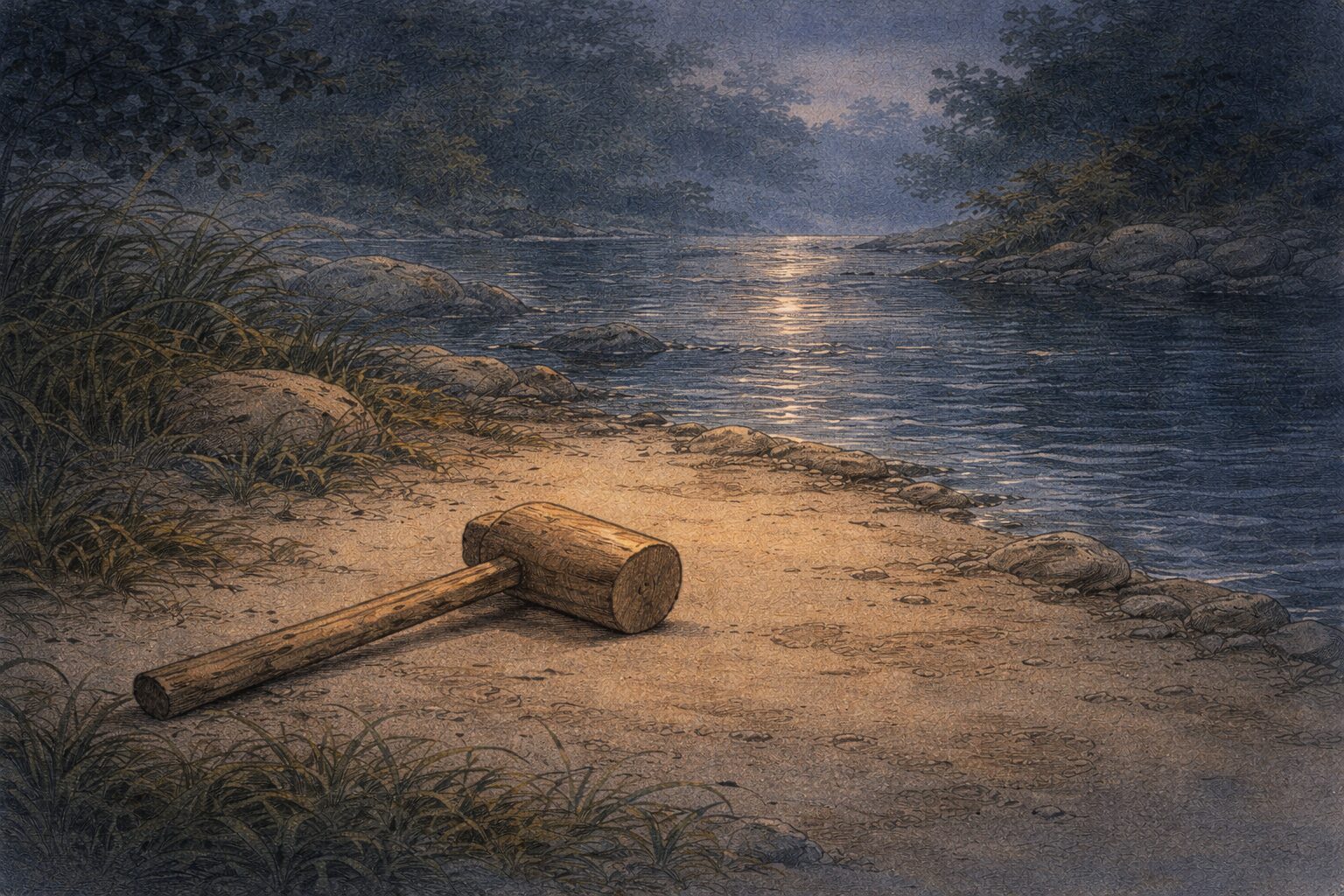 夜の川辺に杵だけが残され悲恋の余韻が静かに漂う一場面