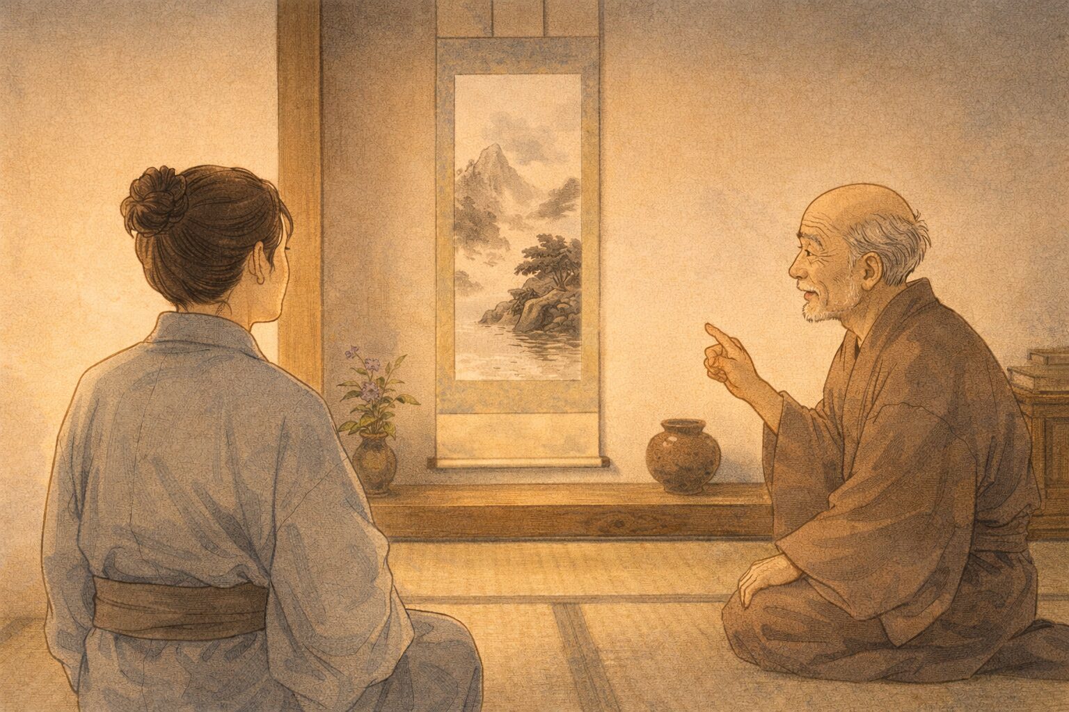 昼の隠居の座敷で男が床の間の掛け軸を見上げ褒め方を教わる一場面