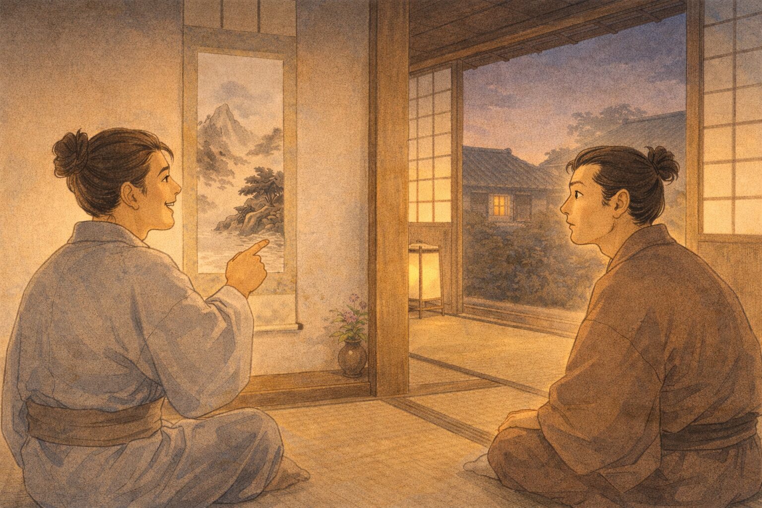 夕方の町家で男が得意げに掛け軸を指さし友人が不思議そうに聞き返す一場面