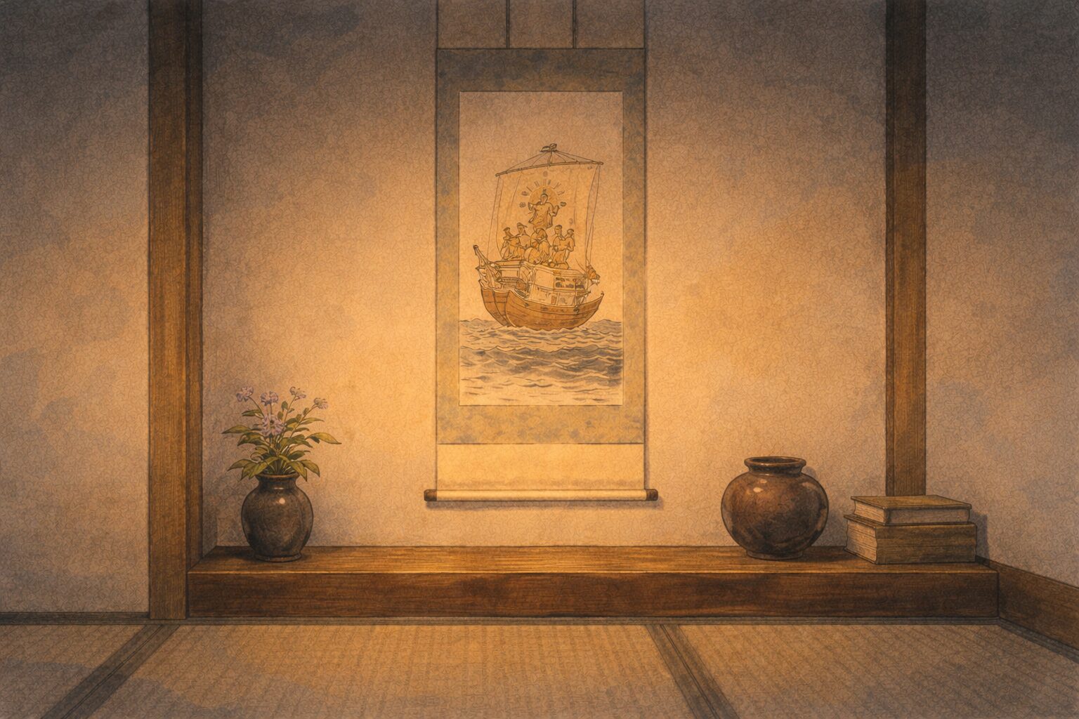 夜の床の間に宝船の掛け軸だけが残り早合点の余韻が静かに漂う一場面