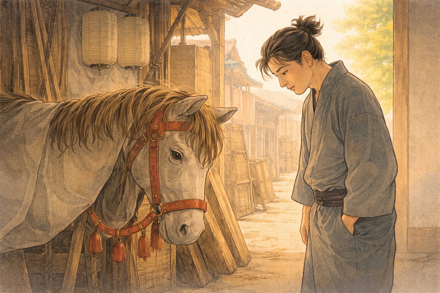 昼の芝居小屋の裏で武助が馬の着ぐるみを前にうつむきながらも未練をにじませる一場面