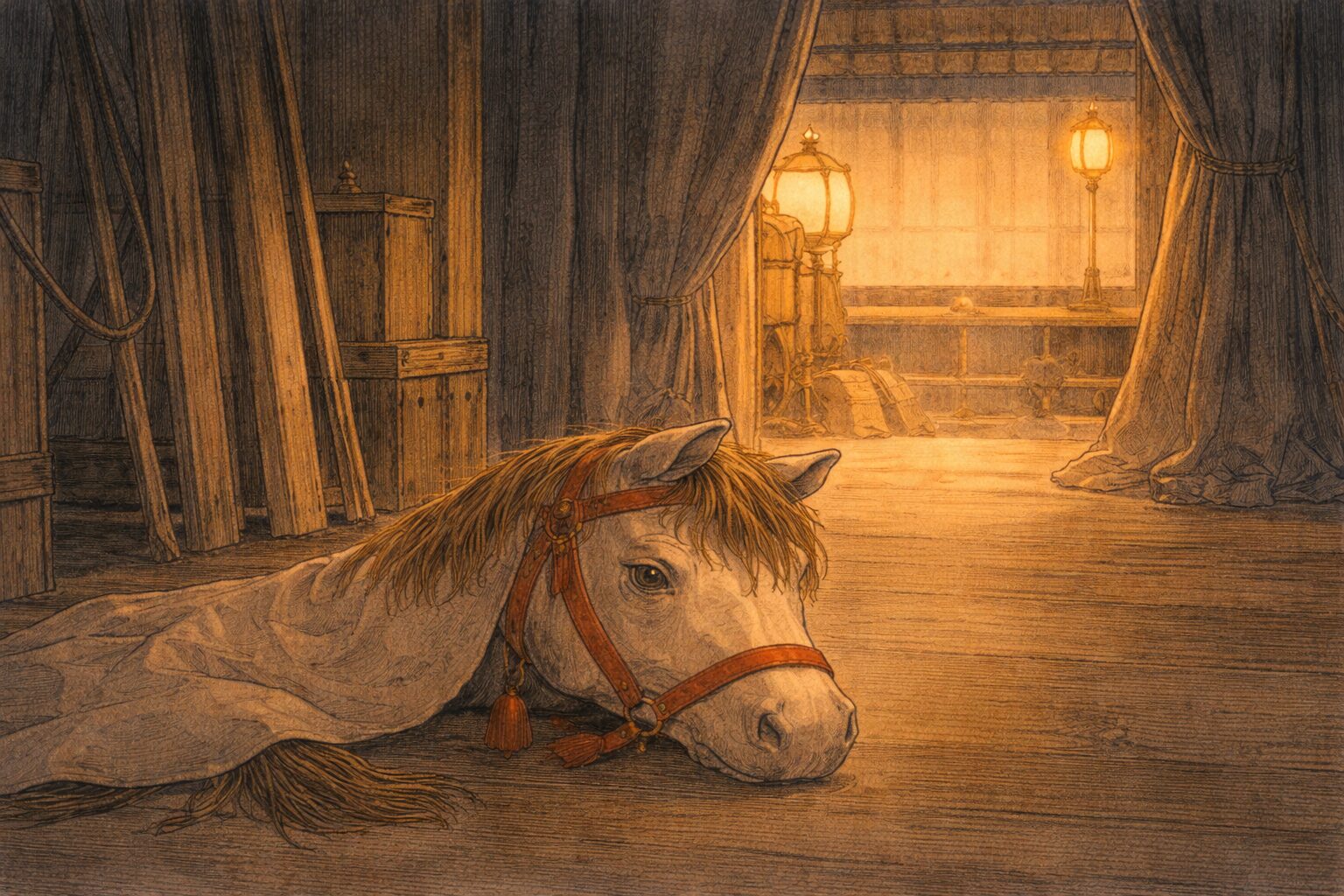 夜の舞台裏に馬の役の被り物だけが残り役者の哀感が漂う一場面