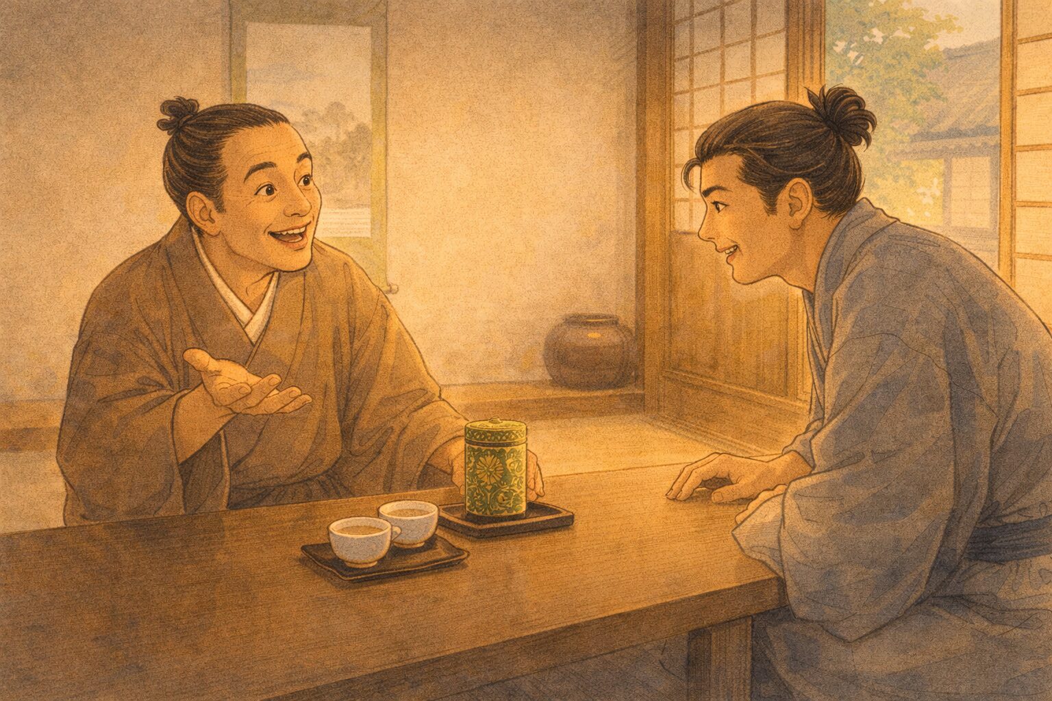 昼の座敷で幇間が珍しい茶を前に若旦那へ得意げに説明する一場面