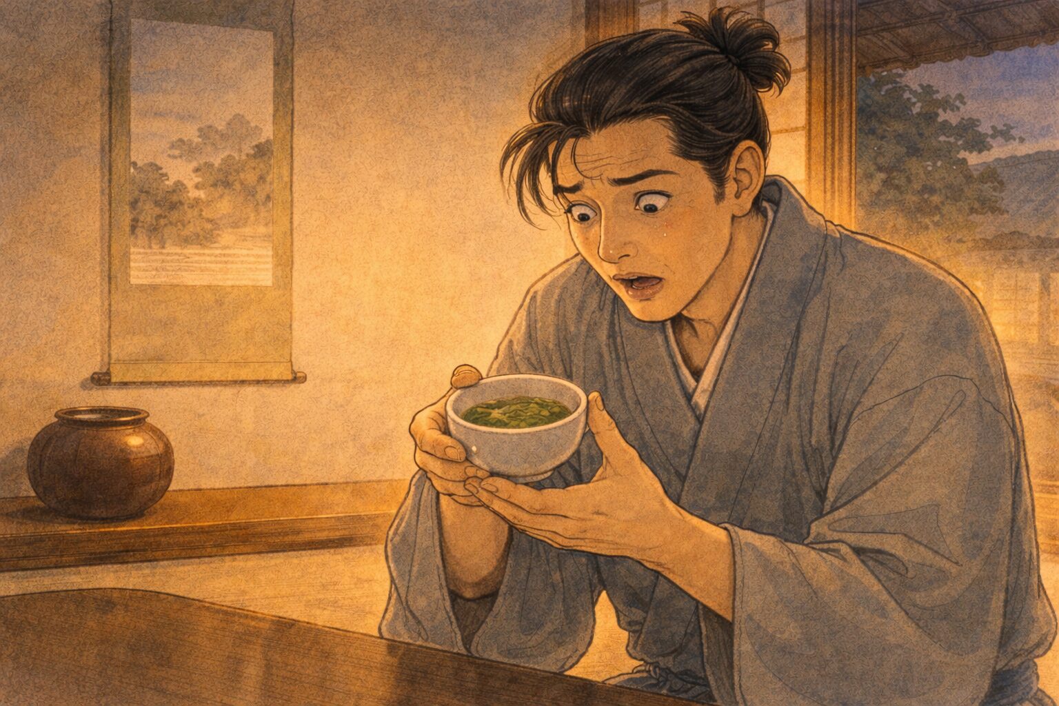 夕方の座敷で若旦那が茶碗をのぞき込み思わぬものを見て青ざめる一場面