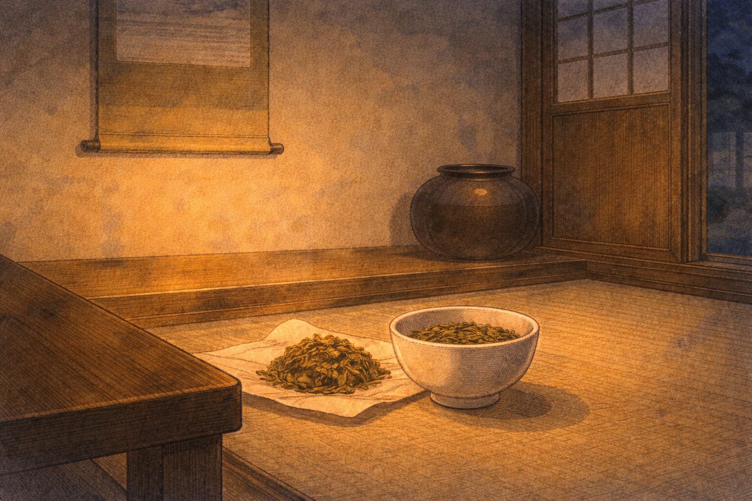 夜の座敷の隅に茶碗と焙じた茶葉だけが残り不思議な余韻が漂う一場面