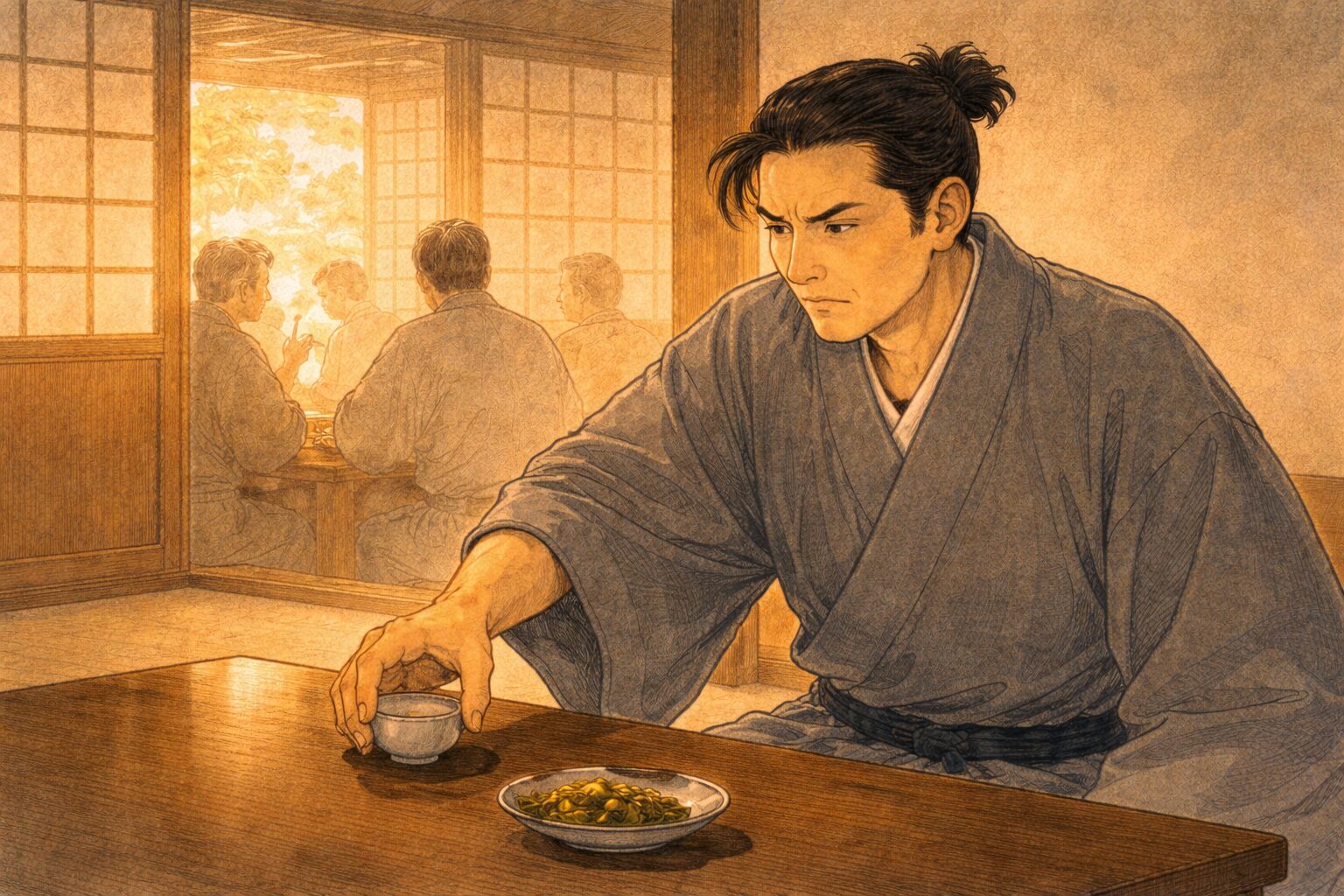 昼の料理屋の座敷で江戸っ子の男が隣の様子にいら立ちながら盃を置く一場面