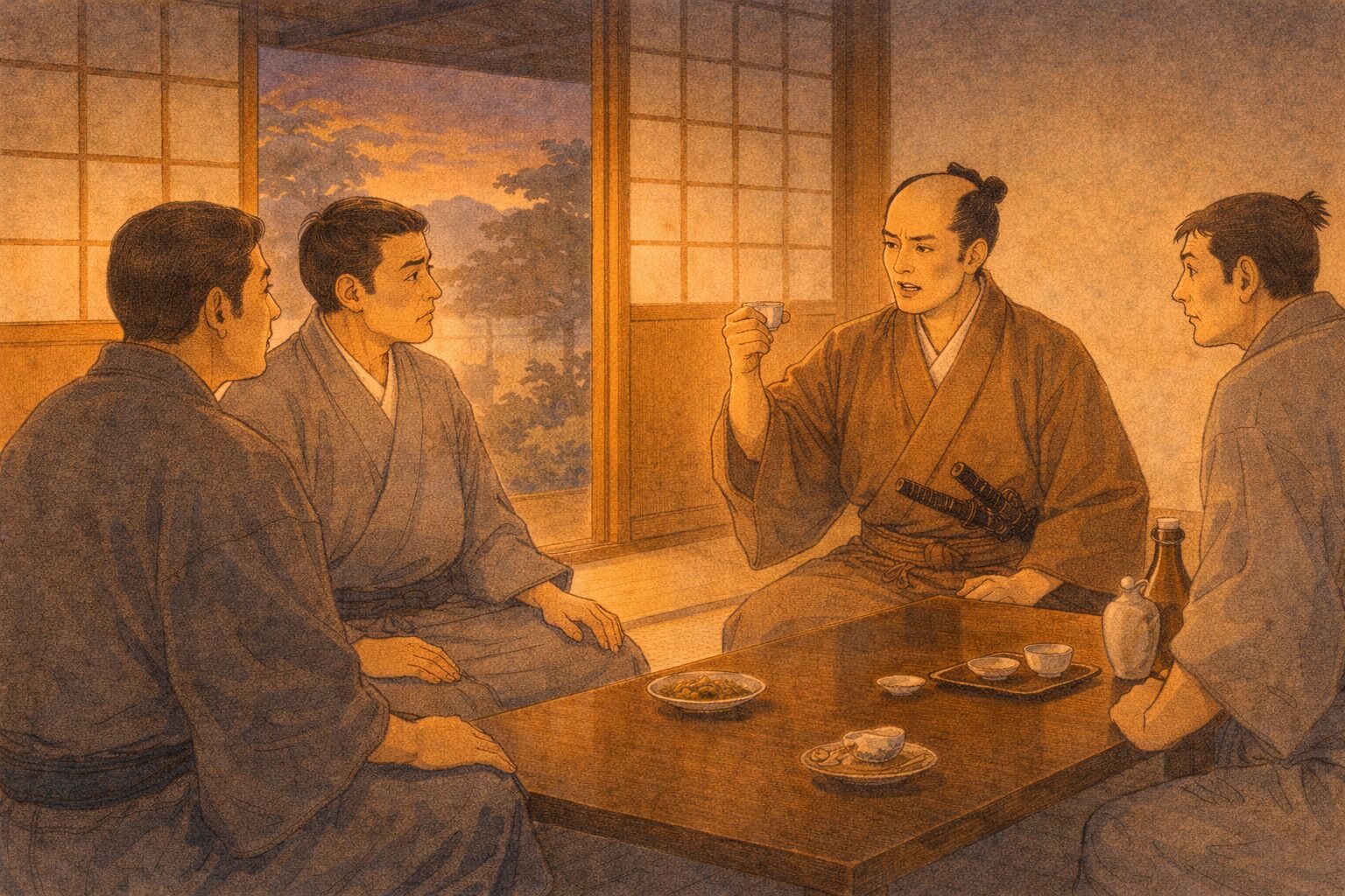 夕方の隣座敷で田舎侍が古風な調子で盃を持ち周囲が戸惑う一場面