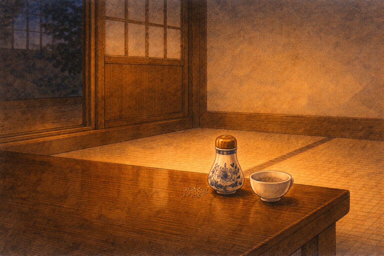 夜の座敷の隅に胡椒入れと盃だけが残り喧嘩の余韻が漂う一場面