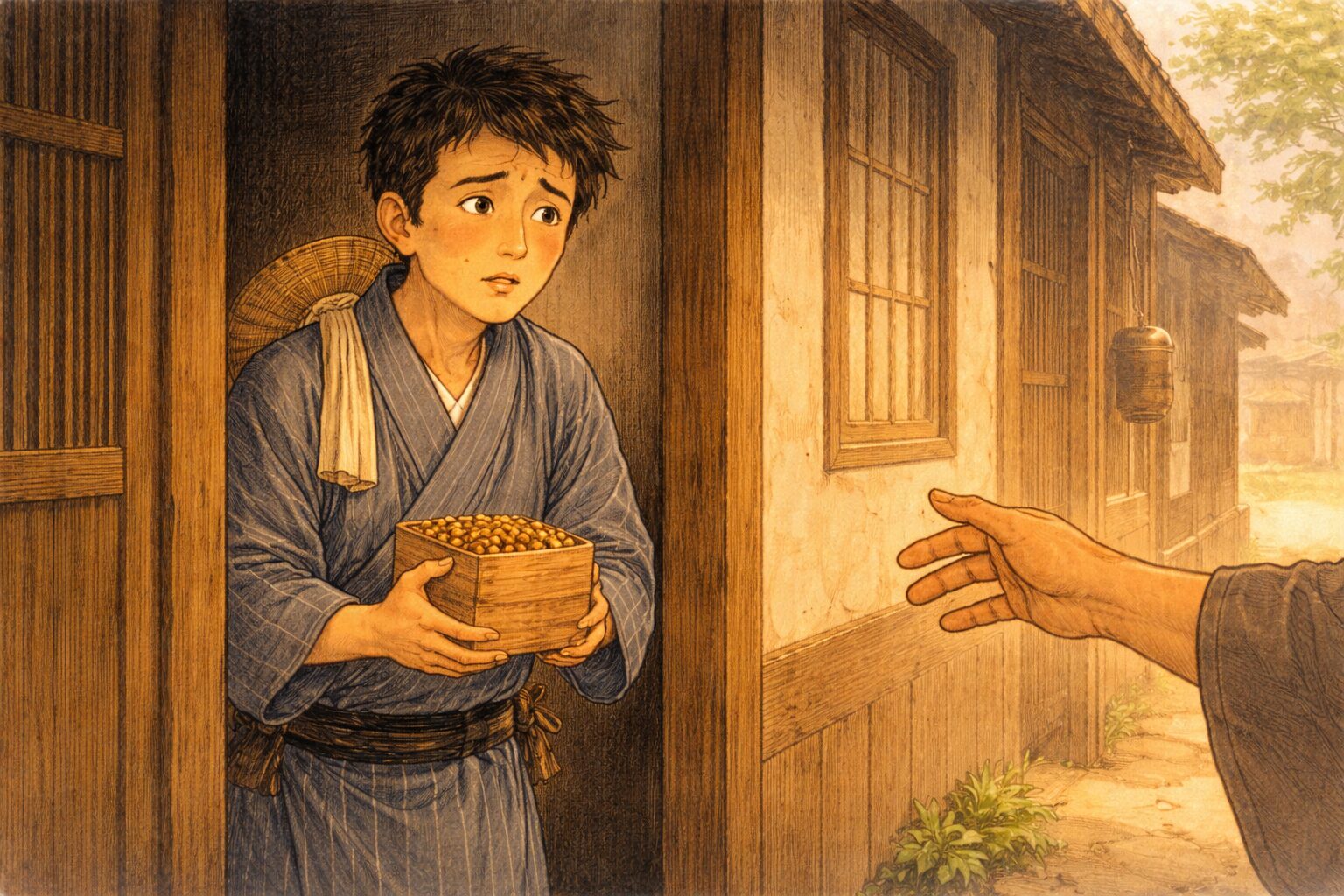 昼の長屋で豆屋の与太郎が戸口に呼び込まれ不安そうに枡を抱える一場面