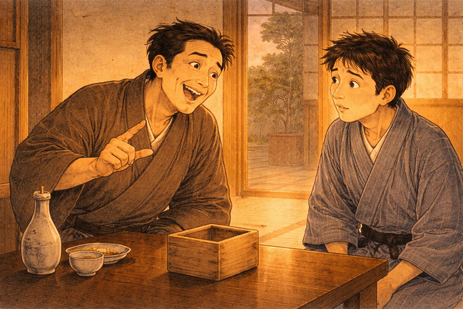 夕方の町家で男が空の枡を前に与太郎へもっと高く言えと調子よく教える一場面